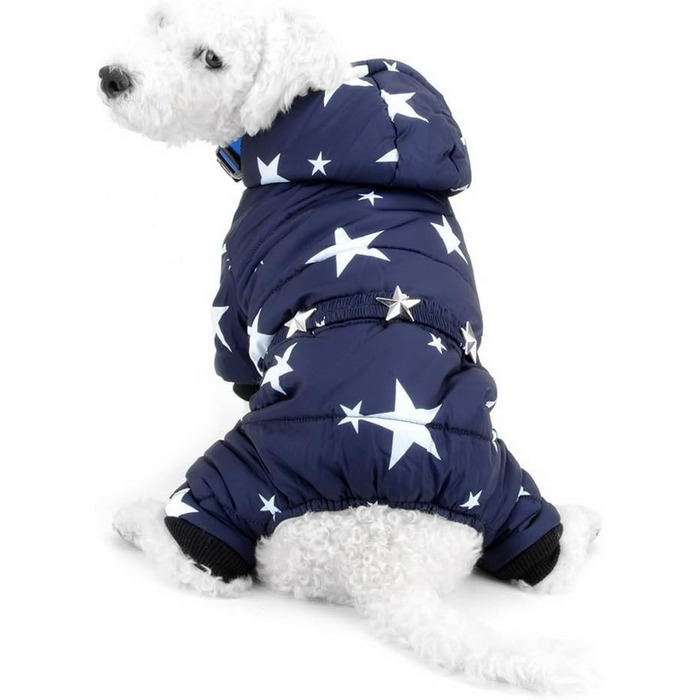 Зимовий комбінезон SELMAI для маленьких собак, на флісовій підкладці, пояс із зірками, капюшон, комбінезон, штани-чотириногі, зимові пальто, цуценята, собаки, чихуахуа, одяг, спорядження, синій, розмір MM (горя 26 см спина 25 см груди 37 см) синій