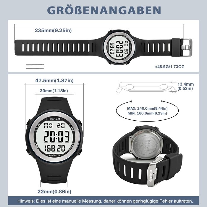 Водонепроникний годинник-крокомір для людей похилого віку без Bluetooth, не потрібен додаток, з крокоміром, лічильником калорій та великими РК-цифрами, чорний
