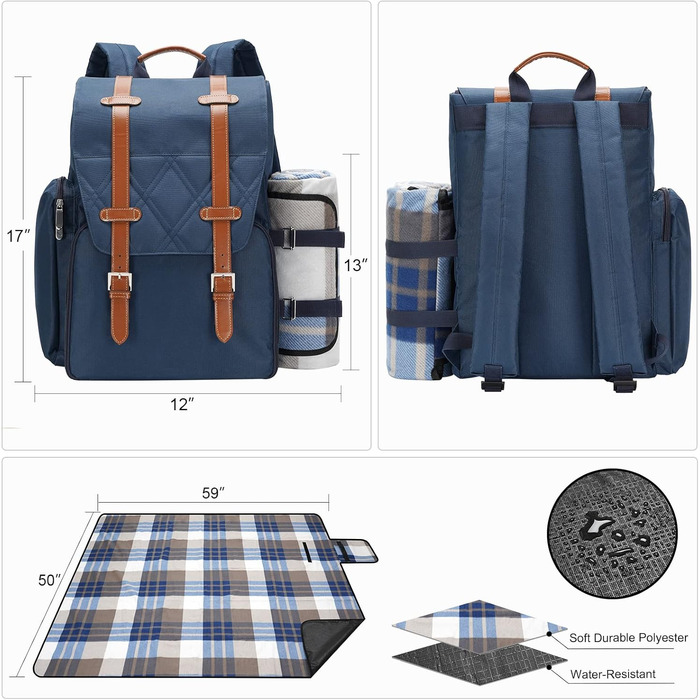 Рюкзак для пікніка на 4 особи з великою ізольованою сумкою-холодильником, набором кошика для пікніка з сумкою для вина, водонепроникною ковдрою для пікніка та набором столових приборів. Ідеально підходить для кемпінгу, весільний подарунок для пар, синій.