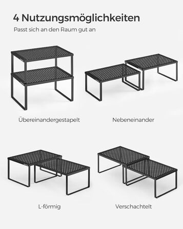 Стійка для спецій, Набір з 4 шт. , Кухонна полиця, Кухонний органайзер, Кухня, Тримач для спецій, Розширюваний, Штабелюється, Маленька полиця, Метал, Чорнильно-чорний KCS006B01