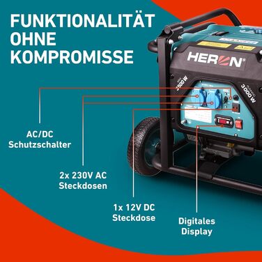Бензиновий генератор Heron 3,5 кВт Генератор з баком 18 л та шасі Генератор з двома розетками 16A 230V та однією розеткою 12V/8,3A DC Мобільний генератор з системою AVR Без електричного стартера