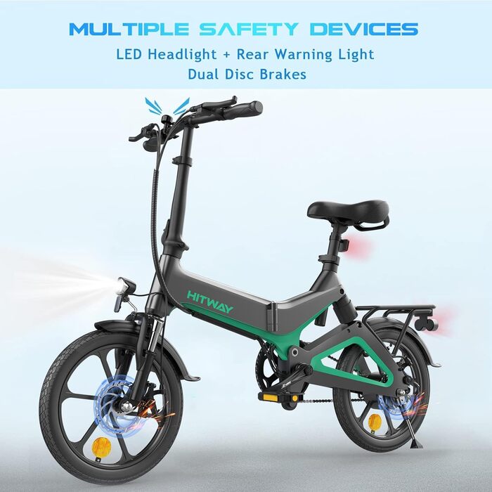 Електричний велосипед HITWAY E Bike 16 дюймів 36V 7.8Ah чорний/зелений