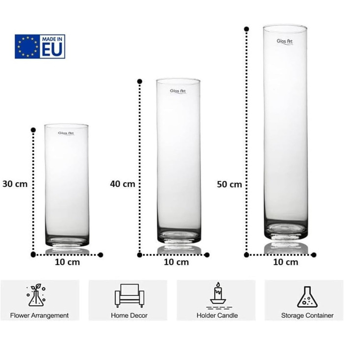 Скляна ваза Декоративна ваза з прозорого скла циліндр пряма, висота 30-50см, вітальня (50х10см)