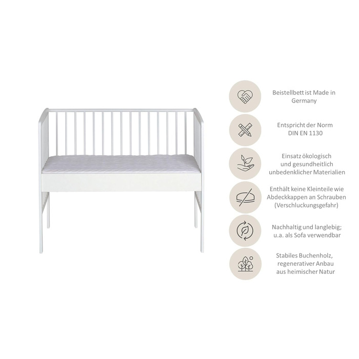 Дитяче ліжечко Micky Plus - Біле - 60120 см - Плавне регулювання висоти 3-в-1 - вкл. боковини та систему ременів безпеки - Ідеально підходить для ліжок Box Spring 124Д x 65Ш x 97В см Box Spring - Біле лаковане одномісне ліжко