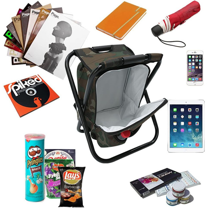 Складаний стілець для кемпінгу табурет Рюкзак Zology з ізольованою сумкою для пікніка з охолоджувачем, камуфляжне портативне туристичне сидіння Сумка для стільця для зовнішньої риболовлі в приміщенні Подорожі Пляжне барбекю