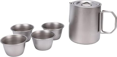 Чайний набір з нержавіючої сталі для подорожей, включає чайник з ситечком, 4 чашки та зручну сумку для зберігання. Ідеально підходить для кемпінгу та походів.