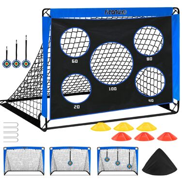 Футбольні ворота, стіна-мішень для дітей, вуличні футбольні ворота для дітей зі стіною-мішенню, висувні ворота 3-в-1 з 5 лунками для стрільби та сумкою для перенесення, кілки для землі, 3 мішені та 6 перешкод, сині