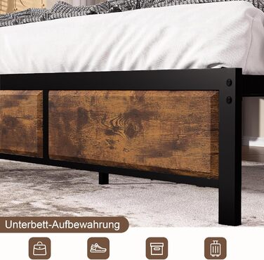 Ліжко VECELO з металевим каркасом 140 x 200 см та товстим дерев&39яним узголів&39ям, каркас двоспального ліжка з металу з рейковою основою, багато місця для зберігання під ліжком, ідеально підходить для спальні, коричневий колір 140 x 200 см, коричневий