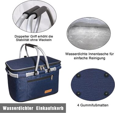 Великий кошик для покупок, сумка-холодильник, ізольований кошик, сумка-холодильник для пікніка, кошик для пікніка з двома ручками - для подорожей/пікніка/покупок/подарунків, XL, темно-синій
