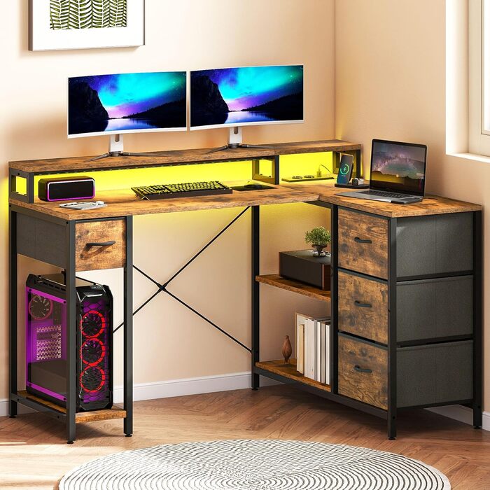 Г-подібний письмовий стіл DWVO, 140x100x85 см, двосторонній кутовий стіл з 4 шухлядами та полицею для монітора, Г-подібний стіл з 2 USB-портами для зарядки та 2 розетками для домашнього офісу, коричневий, чорний, білий (коричневий)