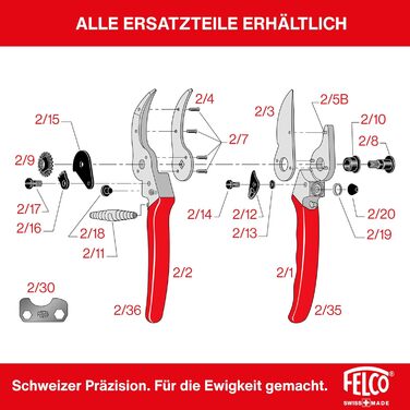 Професійні садові ножиці FELCO 2 з двостороннім механізмом для правшів, лезо із загартованої сталі 41 мм, ковані алюмінієві ручки, міцний інструмент для середніх та великих рук, ріжуча здатність 25 мм, зроблені у Швейцарії, FELCO 2 Large Hands (L)