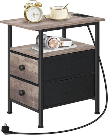 Вузький бічний столик HOOBRO із зарядною станцією, тумбочка з 2 флісовими шухлядами, компактний бічний столик, для невеликих приміщень, спалень, сіро-чорний EBG486CBZ01 сірий чорний