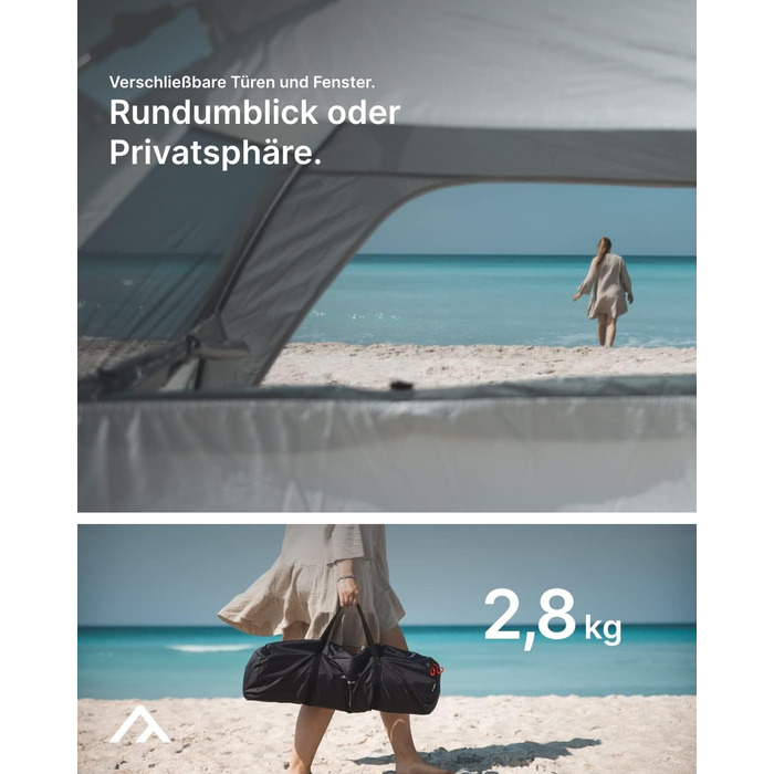 Пляжний намет qeedo Quick Palm із захистом від ультрафіолету (UV80) та невеликим розміром у пакуванні - Легкий, швидкозбірний пляжний намет (система швидкого складання) пропонує захист від сонця та вітру на пляжі, особливо для дітей. Піщано-сірий колір.