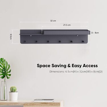 Ключниця Honsdom з полицею і 6 гачками, ключниця чорна, ключниця-органайзер, ключниця без свердління для настінного кріплення для