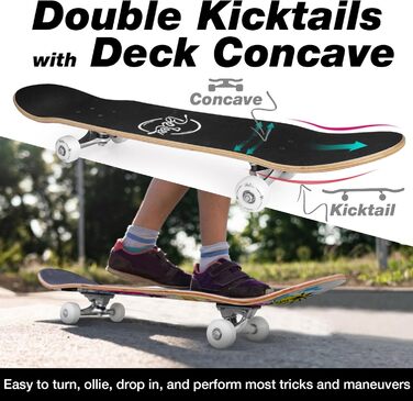 Круїзерний скейтборд 38 дюймів - повний комплект для дітей, підлітків та дорослих, 7-шарова увігнута дека з канадського клена Double Kick, універсальний T-Tool, для початківців з графіті дизайном