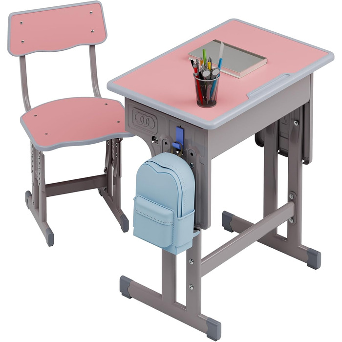 Дитячий комплект столу та стільця, регульований по висоті, для школи та університету, комплект столу та стільця з шухлядою для зберігання речей, ергономічний комплект стільців для роботи з гачком для рюкзака, підходить для дітей від