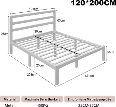 Ліжко 120200 см, металевий каркас ліжка з платформою, узголів&39ям та узніжжям, місце для зберігання речей під ліжком, рейкова основа не потрібна, легке складання, сучасне, біле 120 x 200 см