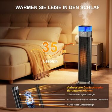 Енергозберігаючий електричний вентилятор-обігрівач, керамічний нагрівач PTC потужністю 2000 Вт з функцією зволоження, пульт дистанційного керування, коливання 75, 3 режими фонового освітлення, режим ECO, захист від перегріву та перекидання, 12-годинний та