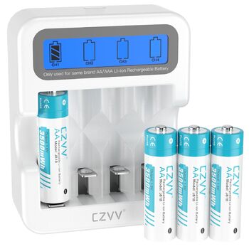 Акумуляторні літієві батарейки AAA 1,5 В - 4 батарейки високої ємності 1100 мВтгод з РК-дисплеєм, надшвидка зарядка 2 години - тривалий термін служби 10 років, 1300 циклів зарядки для іграшок, бритв тощо - в комплекті 4 батарейки зарядний пристрій з білим