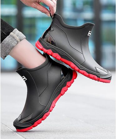 Водонепроникні гумові чоботи Pangolin до щиколотки, чоботи-челсі з ПВХ для саду та щоденного використання, нековзка гумова підошва з протектором, короткі гумові чоботи для жінок та чоловіків, чорно-червоні, EU 45