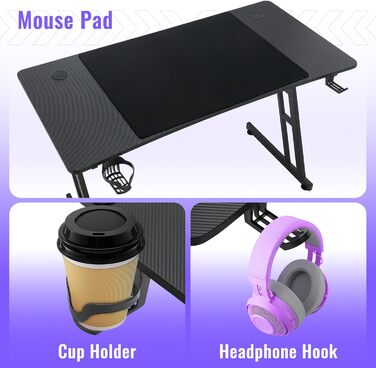 Ігровий стіл, ігровий стіл 120x60 см, комп&39ютерний стіл з підставкою для чашок та гачками для навушників, ергономічний ігровий стіл, Z-подібний ігровий стіл для дому та офісу