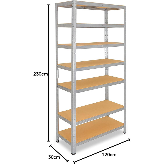 Міцний домашній стелаж, оцинкований/металевий стелаж з 7 полицями/металевий стелаж для підвалу, гаражний стелаж, стелаж для майстерні або стелаж для зберігання/змішаний металевий стелаж з вантажопідйомністю 125 кг В 230 см / Ш 120 см / Г 30 см, 230x120x30