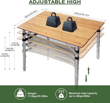 Складаний кемпінговий стіл, бамбук, складний, регульований по висоті, садовий стіл для вулиці, складний з алюмінієвими ніжками для кемпінгу, пікніків, приготування їжі, походів, подорожей - 100 x 60 см
