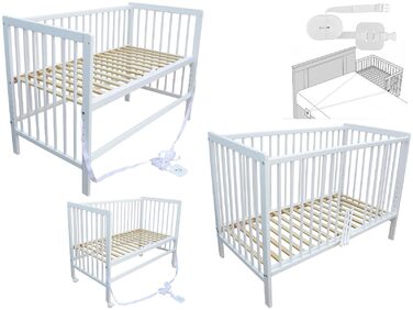 Дитяче ліжко Micoland - Приліжкове ліжко - Дитяче ліжко 120x60 см Трансформоване ліжко з ремінцем та колесами (біле) Біле