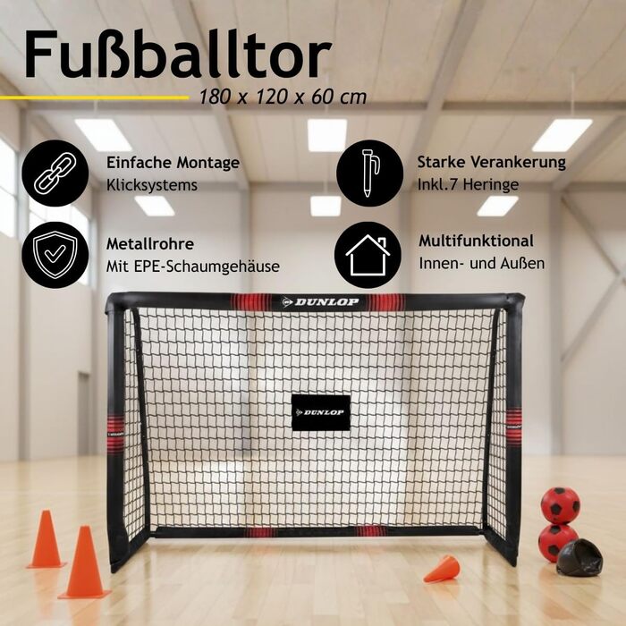 Футбольні ворота Dunlop - Футбольні ворота 300 x 200 x 90 см - Футбольні ворота - Футбольні ворота для саду, дітей та дорослих - Футбольне тренувальне обладнання, для приміщень та вулиці - Металеві - Чорний/Білий, Чорний/Червоний 180x120x60 см