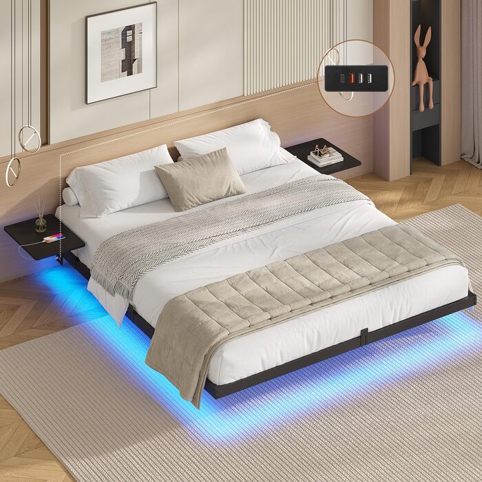 Каркас ліжка AOGLLATI 180x200, Металеве ліжко зі світлодіодним освітленням та зарядною станцією, Плаваючий каркас ліжка з полицями для зберігання, Металеве ліжко з рейковою основою, Двоспальне ліжко, Чорний (матрац не входить до комплекту), 180 x 200 см, 