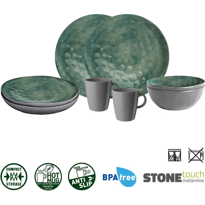 Набір посуду для кемпінгу BRUNNER з меламіну на 2-4 особи (набір 8, 12, 16 або 36 предметів) - венеціанський морський зелений - високоякісний, нековзний набір Tte--Tte з 8 предметів
