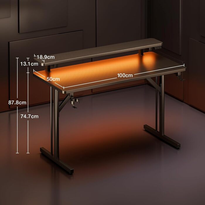 Ігровий стіл ODK, Невеликий ігровий стіл зі світлодіодним освітленням, Комп&39ютерний стіл 100 см з полицею для монітора, Чорний стіл для ПК з вуглецевого волокна 100 см