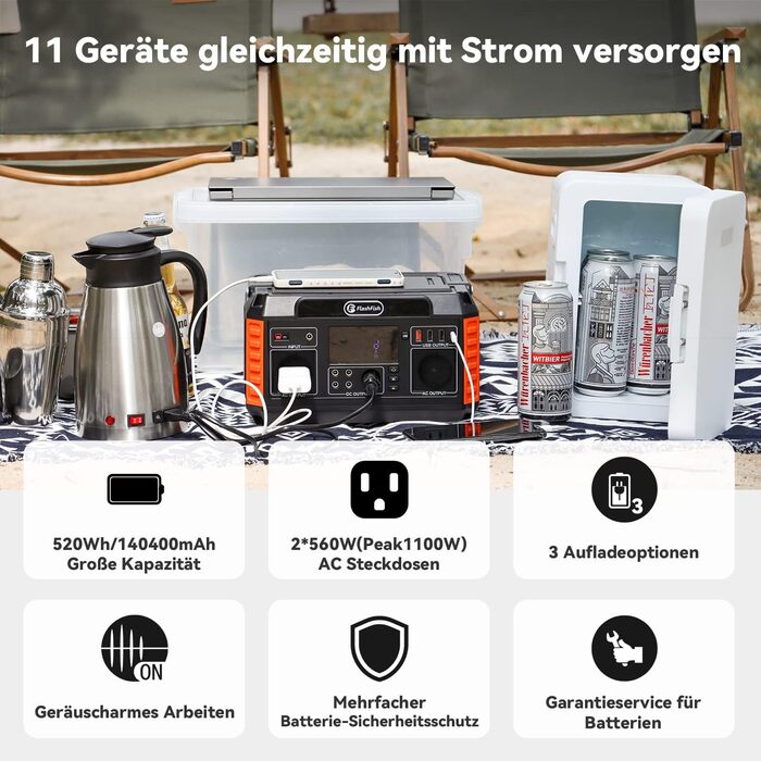 Портативна електростанція FLASHFISH 520 Втгод із сонячною панеллю 100 Вт, сонячний генератор з 2 розетками 230 В/560 Вт (піксельна напруга 1100 Вт), 5 виходами постійного струму та 4 виходами USB, аварійний генератор з акумулятором для кемпінгу, вечірок, 