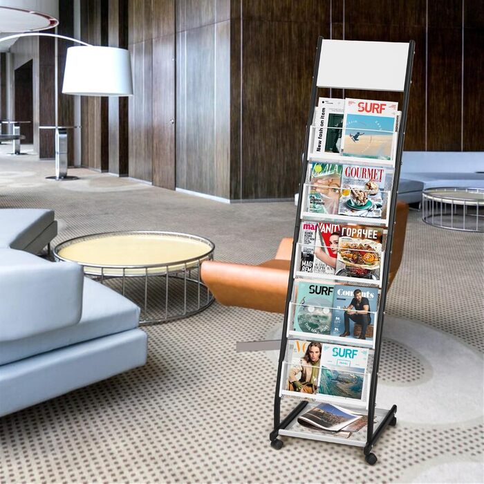 Шарова стійка для журналів SUNDOY з колесами підлогова підставка для брошур та каталогів, стійка для журналів на колесах для офісу, ярмарків та дому (ширина 32,5 см) 5-шарова, ширина 32,5 см, 5-