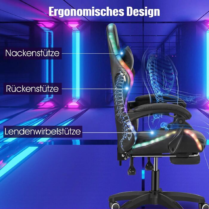 Ергономічне ігрове крісло з RGB-підсвічуванням 12 кольорів, ігрові крісла для дорослих з підставкою для ніг, підголівником та підлокітниками, крісло для ПК зі штучної шкіри, ігрове крісло з регульованою висотою для офісу та дому, чорний