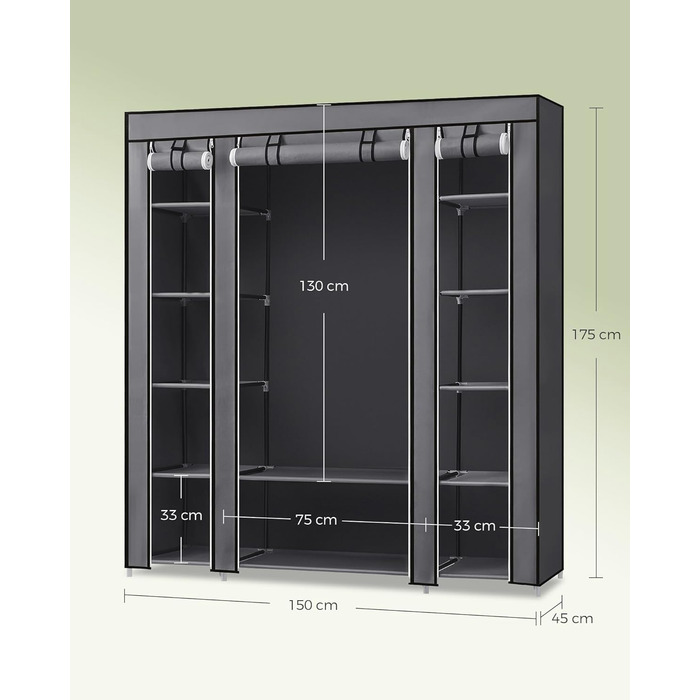 Шафа, Тканинна шафа, 12 з рейкою для одягу та полицями, Міцна шафа, для спальні, гардеробної, 150 x 45 x 175 см, Сірий LSF03G