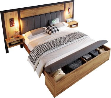 Двоспальне ліжко з м&39якою оббивкою, каркас ліжка з лампою для читання та USB-портом, тумбочка та лавка з місцем для зберігання речей, каркас ліжка з рейковою основою з металу, дерева та льону, дуб (без матраца) (180200 см)