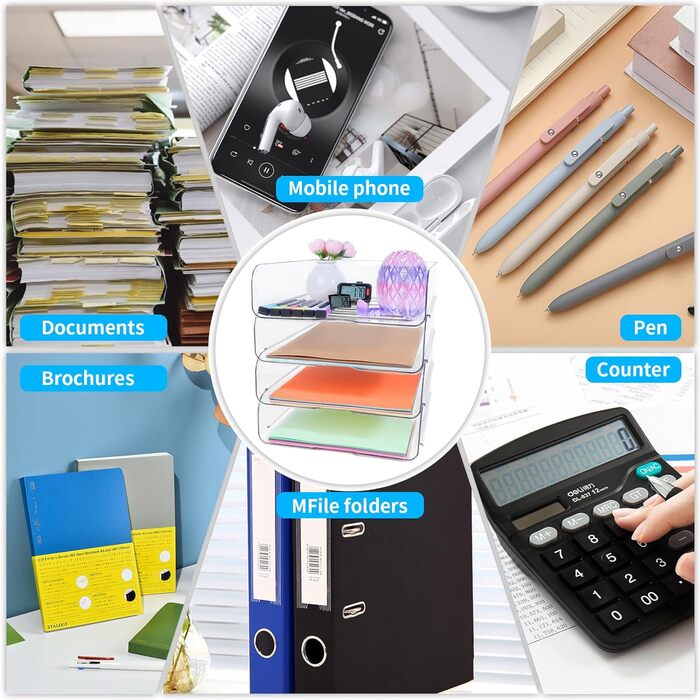 Лоток для паперу, лоток для листів, штабелюваний настільний органайзер, прозорі папки для файлів на стіл, офісний органайзер для файлів, iPad, листів, офісних документів A4, книг, нотаток, вертикальний лоток на 4 папки Claer-4shu