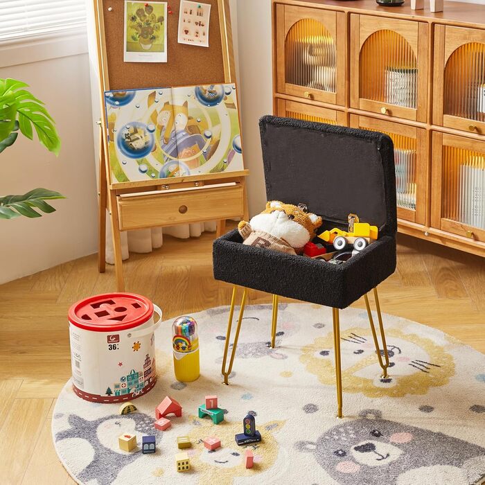 Туалетний стілець-стілець з місцем для зберігання, квадратний оксамитовий пуф Тедді, сучасний багатофункціональний макіяжний стілець для спальні, вітальні 40 x 30 x 47 см чорний HBD031B