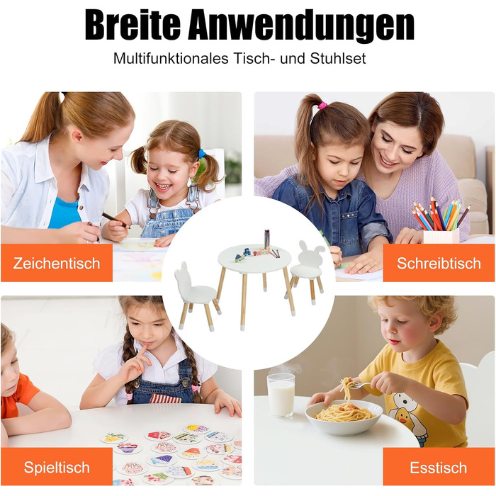 Дитячий стіл LALAHO з 2 стільцями, комплект дитячих сидінь, дитячий стіл/художній стіл, ігровий стіл, з сосновими ніжками, дитячі меблі для дитячих кімнат та дитячих садків (білий)