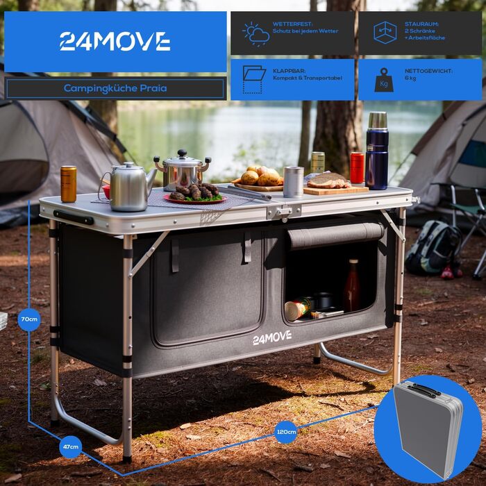 Складана кемпінгова кухня, алюмінієва шафа для кемпінгу з регульованою висотою, дорожня кухня з робочою поверхнею та відділеннями для зберігання, для кемпінгу на свіжому повітрі, включаючи сумку для перенесення 120x47x70, чорна, Praia, 24MOVE