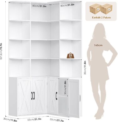 Кутова книжкова шафа FirFurd 187 см з дверцятами, 12 відділень, L-подібна дерев&39яна вітрина, висока шафа, полиця з дверцятами для вітальні, кабінету, офісу, кухні, 187 x 80 x 80 см, білий