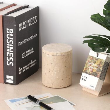 Травертиновий круглий сучасний ватний диск-диспенсер для ватних дисків з кришкою, тримач для макіяжу, для ванної кімнати, спальні, туалетного столика, раковини, готелю, офісу, жіночі подарунки (9,3x11,5 см)