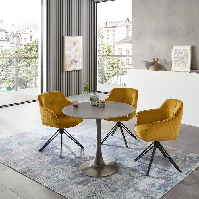 Круглий обідній стіл JOSH під мармур, сірий - Винятковий обідній стіл з металевим каркасом для кухні та їдальні - 90 x 75 x 90 см (Ш/В/Г)