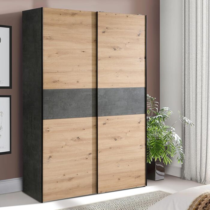 Класична шафа Forte OZZULA 120, шафа з двома розсувними дверима, інженерна деревина, декор дуба Artisan з акцентами під бетон, ширина 120 см, висота 190,5 см, глибина 61,2 см