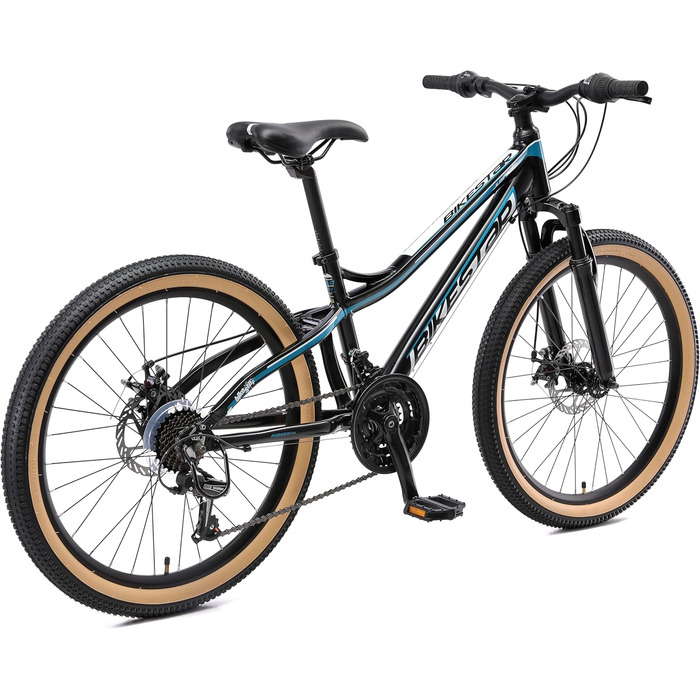 Гірський велосипед BIKESTAR з алюмінію, дитячий, 24 дюйми, вік 9-14 років, хардтейл 21 швидкість Shimano Gears, дискові гальма, амортизаційна вилка Дитячий велосипед Безризиковий пробний період, чорний та бензиновий