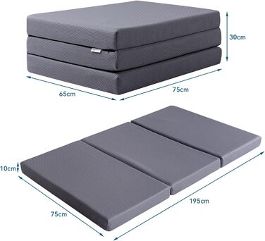 Складаний матрац для гостей з піни з ефектом пам&39яті з чохлом, середньої жорсткості, 75 x 195 x 10 см, сірий Матрац 75 x 195 x 10 см з чохлом