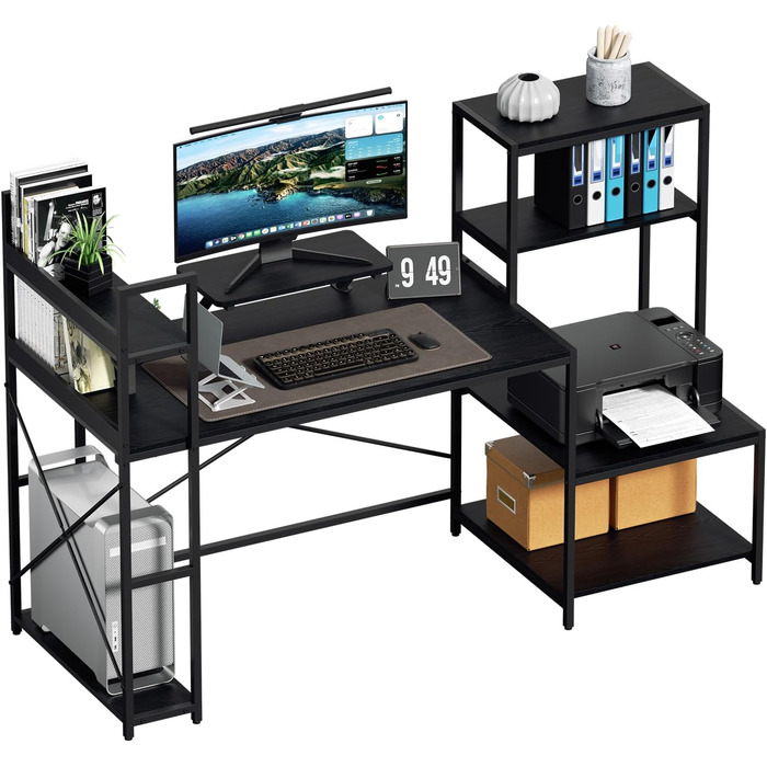 Комп&39ютерний стіл Huracan Desks з полицями, великий стіл з місцем для зберігання, дерев&39яний кутовий комп&39ютерний стіл з кріпленням для монітора, ігровий кутовий комп&39ютерний стіл, стіл для навчання, чорний колір