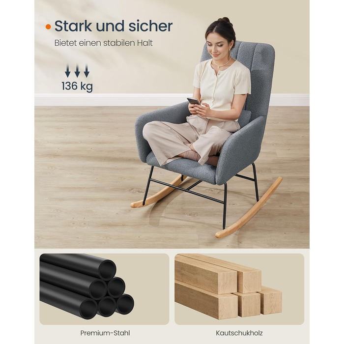 Крісло-гойдалка SONGMICS HOME з підлокітниками, крісло-реклайнер, оббите флісом, сталевий каркас, ніжки з каучукового дерева, вантажопідйомність до 136 кг, для спальні, вітальні, колір Сірий сланцевий LYY500G01 без підставки для ніг, колір Сірий сланцевий