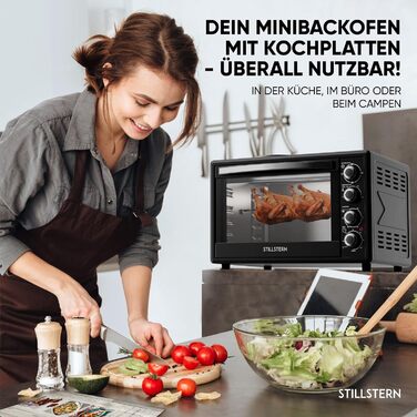 Міні-піч Stillstern з конфорками (45 л, піца Ø32 см, 7в1 аерофритюрниця, розморожування, гриль, тостер, запікання, смаження, варіння) кошик для смаження, конвекція, гриль, брошура з рецептами, ідеально підходить для кемпінгу